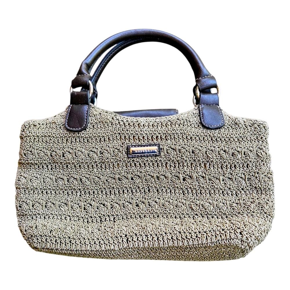 Rosetti Woven Crochet Satchel Handbag Tan Boho Top Handle Purse Multi Pocket